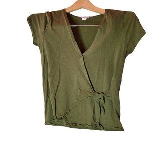 J By J Crew XS Womens Wrap Top Heathered Short Sleeve V Neck Blouse Moss Green